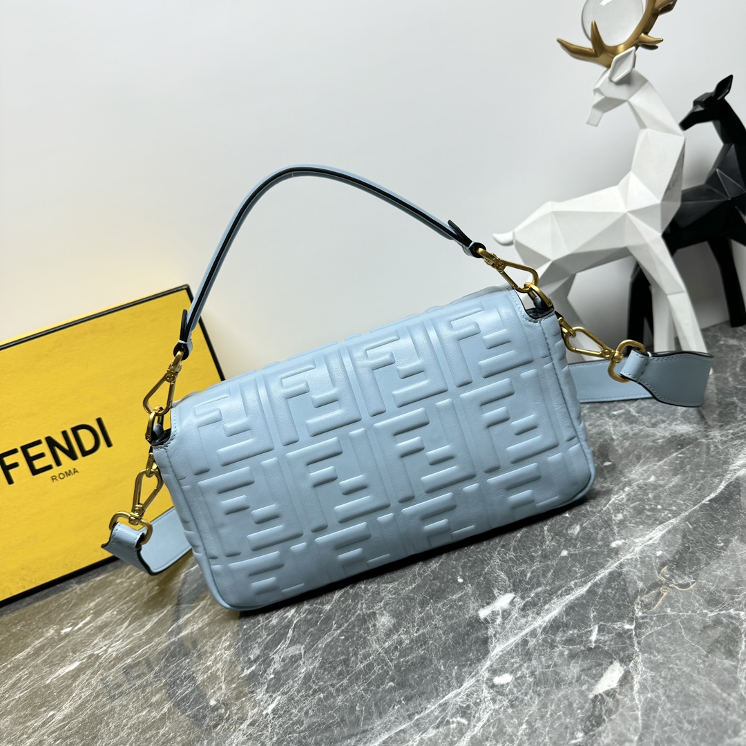 Fendi Medium Baguette Nappa Leather with FF Motif Shoulder Bag Light Blue